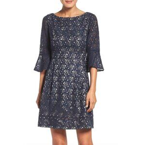 Eliza J Navy Blue Lace Fit & Flare Dress w/Pockets Size 14 Bell Sleeves Wedding